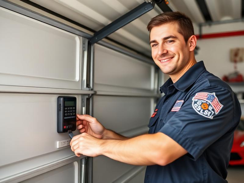 Uniformed garage door technician programming remote control - professional and trustworthy service
