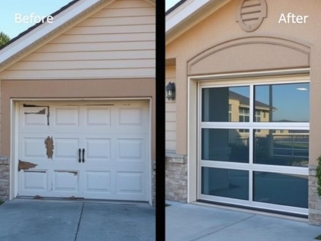 Before and after garage door installation showing transformation from old damaged door to modern aluminum glass panel door
